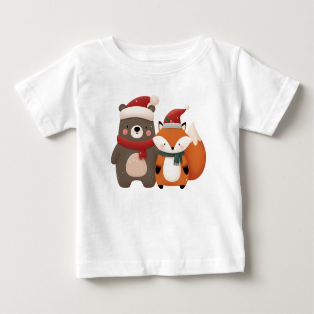 Camiseta Para Bebê Bear e Raposa Cubra de Natal/Inverno (Frente)