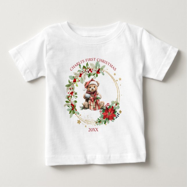 Camiseta Para Bebê Bear Poinsettia Foliage Bebê Primeiro Natal (Frente)