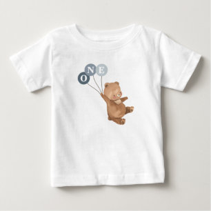 Camiseta Para Bebê Bear with 3 Blue Balloons 1st Birthday