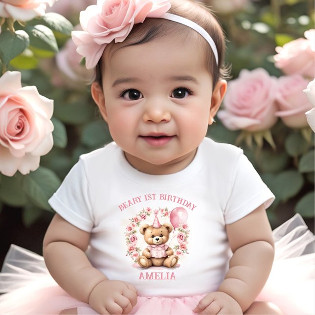 Camiseta Para Bebê Beary primeiro aniversario Bear Girl Rosa T-shirt (Beary 1st Birthday Bear Girl Pink Baby T-shirt)