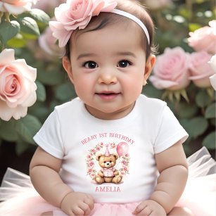 Camiseta Para Bebê Beary primeiro aniversario Bear Girl Rosa T-shirt