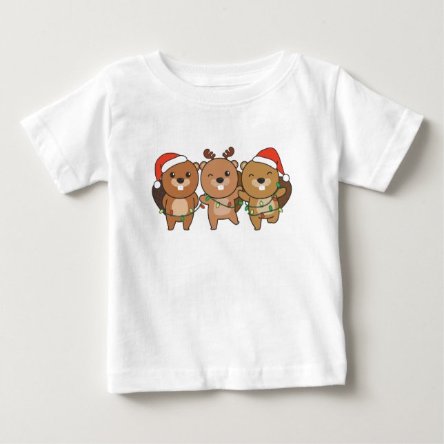 Camiseta Para Bebê Beaver Animais de Natal Castanho (Frente)