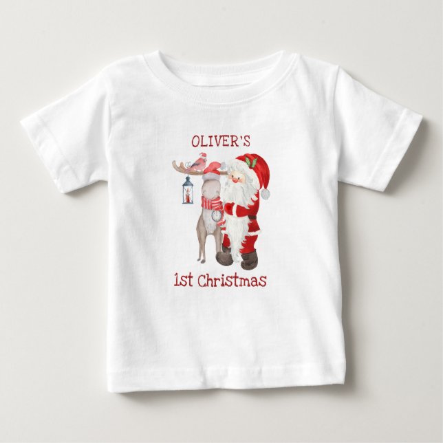 Camiseta Para Bebê Bebê 1rua Papais noeis de Natal e Reindeer Persona (Frente)