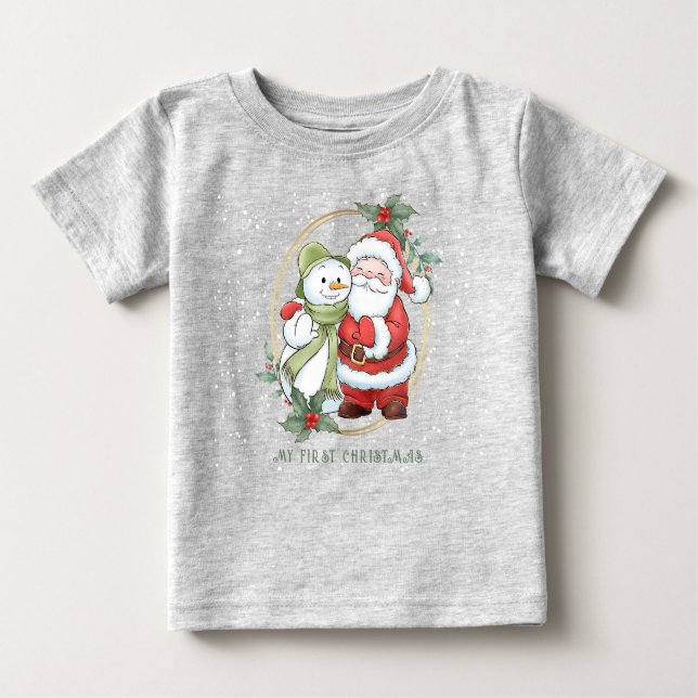 Camiseta Para Bebê Bebê 1rua Papais noeis de Natal Snowman Rudolph T- (Frente)