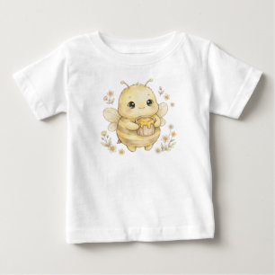 Camiseta Para Bebê Bebê Abelha Fofo Segurando Pote de Mel - Aquarela