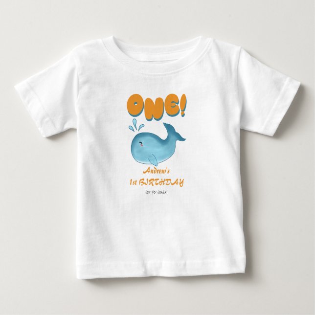 Camiseta Para Bebê Bebê Baleia Azul Fofo Aniversário de 1 Ano (Frente)