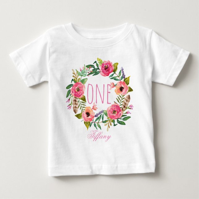 Camiseta Para Bebê Bebê-Bebê-Aniversário de Um Ano, Floral Wreath-4 (Frente)