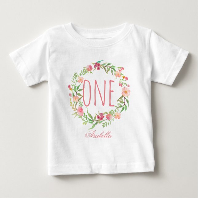 Camiseta Para Bebê Bebê-Bebê-Aniversário de Um Ano, Floral Wreath-5 (Frente)