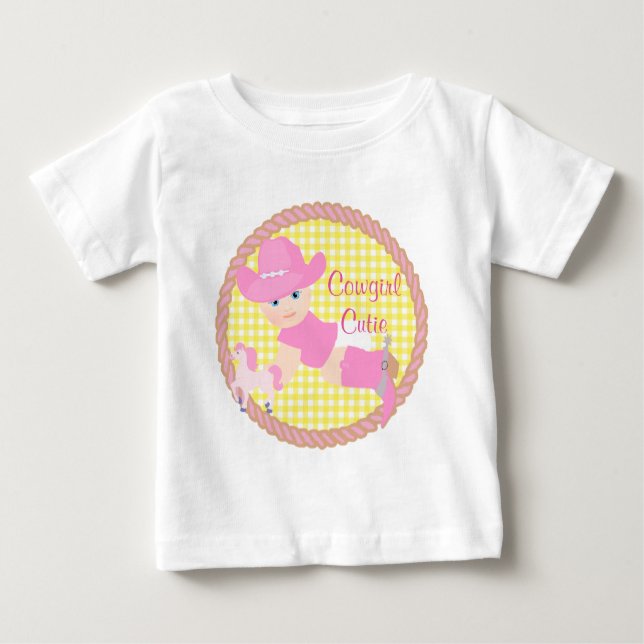 Camiseta Para Bebê Bebê Cowgirl Pink Hat Boots and Horse (Frente)