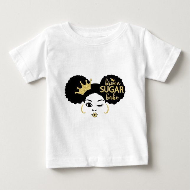 Camiseta Para Bebê Bebê de açúcar castanho a preto e Dourado (Frente)