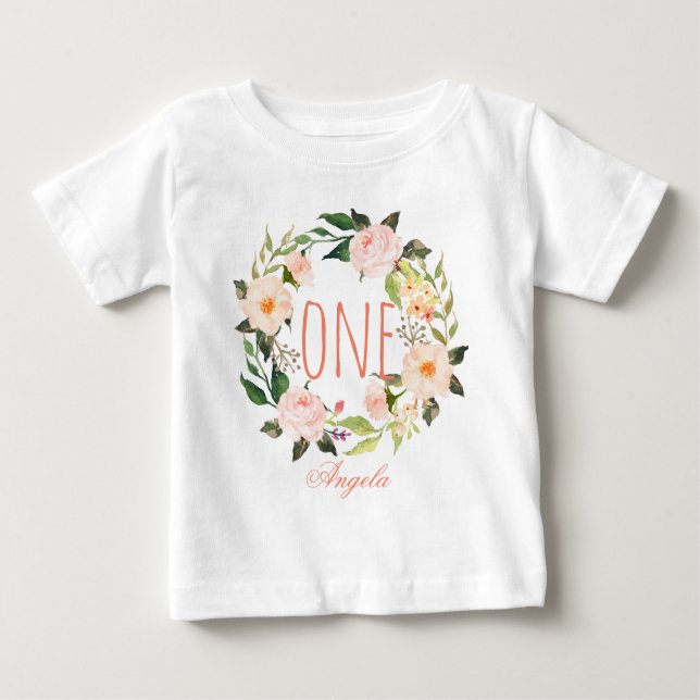 Camiseta Para Bebê Bebê de Aniversário de Um Ano Floral Wreath-2 (Frente)