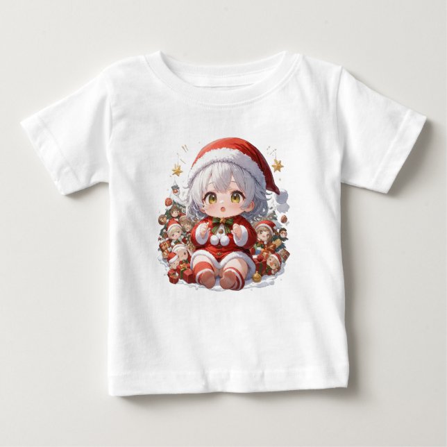 Camiseta Para Bebê Bebê de Natal Fofo Papai Noel Chibi (Frente)