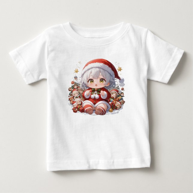 Camiseta Para Bebê Bebê de Natal Fofo Santa Chibi (Frente)