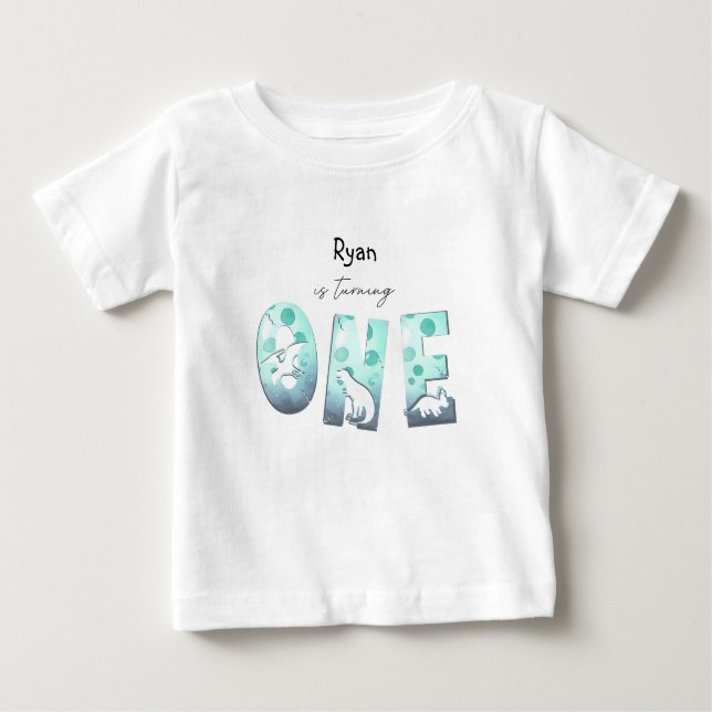 Camiseta Para Bebê Bebê Dinossauro Aquarela Fofa Aniversário de 1 Ano (Frente)