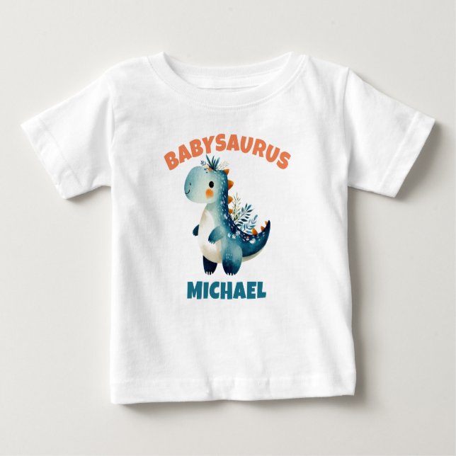 Camiseta Para Bebê Bebê Dinossauro Dino Fofa Água-marinha em Aquarela (Frente)