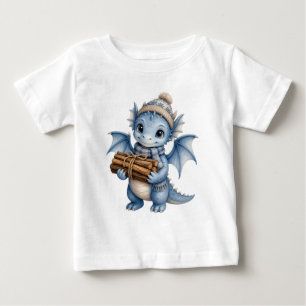 Camiseta Para Bebê Bebê Dragão Azul de Inverno Fofo com Lenha para Cr