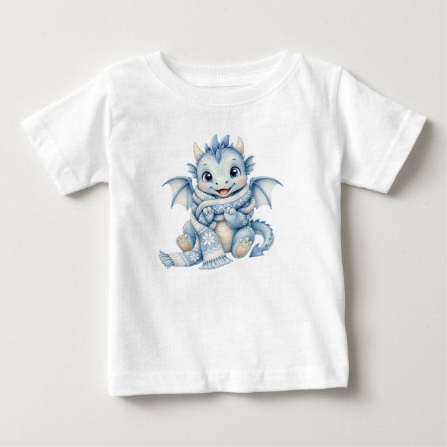 Camiseta Para Bebê Bebê Dragão de Inverno Fofo com Cachecol Aconchega (Frente)