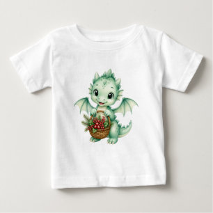 Camiseta Para Bebê Bebê Dragão Verde Fofo com Cesta de Frutas Kids