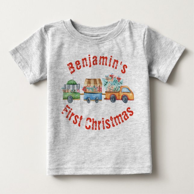Camiseta Para Bebê Bebê é o primeiro Natal bonito, bebê de caminhão (Frente)