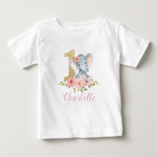 Camiseta Para Bebê Bebê-Elefante Bons-Florais, Bons-primeiros anivers