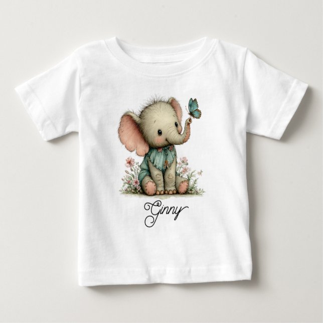 Camiseta Para Bebê Bebê Elefante Fofo com Borboleta Azul (Frente)