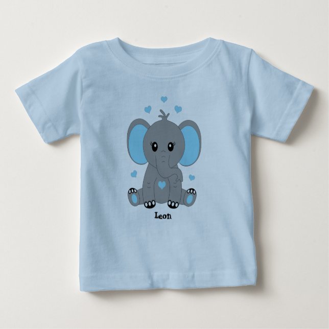 Camiseta Para Bebê Bebê elefante fofo de azul, desenho à mão,  (Frente)