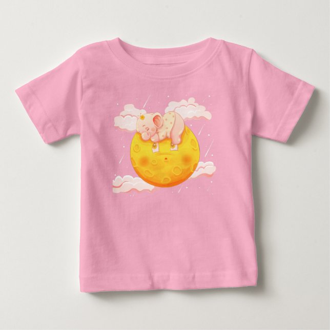 Camiseta Para Bebê Bebê Elefante Fofo Dormindo na Lua (Frente)
