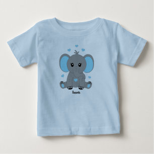 Camiseta Para Bebê Bebê elefante fofo em azul, desenho à mão,