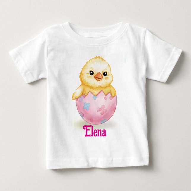 Camiseta Para Bebê Bebê Frango Fofo Aquarela Páscoa Nome Personalizad (Frente)