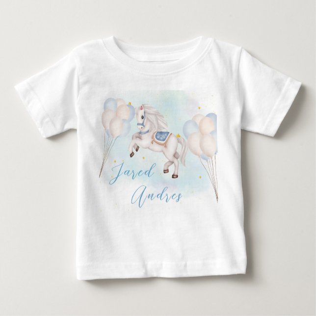 Camiseta Para Bebê Bebê furioso Pony Blue Balloon star Birthday Boy (Frente)
