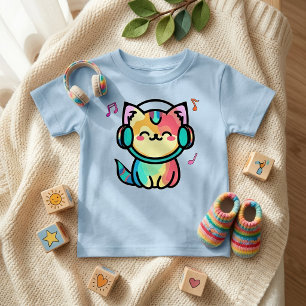 Camiseta Para Bebê Bebê gato fofo sorridente com fones de ouvido.