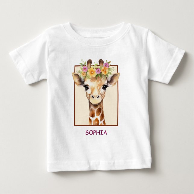 Camiseta Para Bebê Bebê Girafa Sweet Safari em Rosa e Amarelo (Frente)