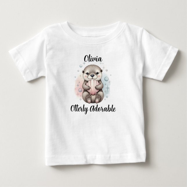 Camiseta Para Bebê Bebê Lontra com Concha "Totalmente Adorável" (Frente)