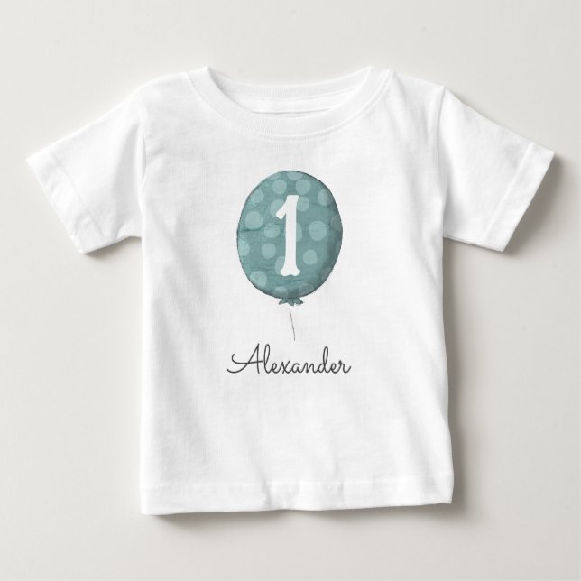 Camiseta Para Bebê Bebê Menino Baloão Azul 1º Aniversário  (Frente)