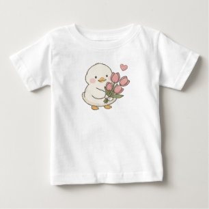 Camiseta Para Bebê Bebê Pato Fofo Segurando Buquê de Tulipas Estética