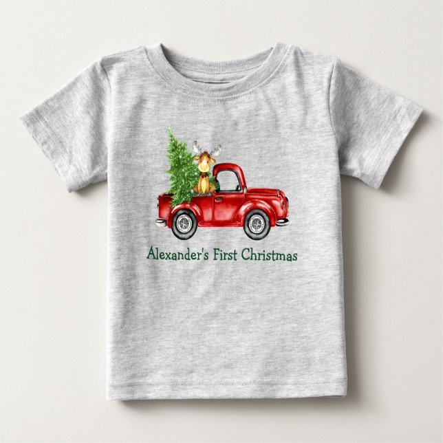 Camiseta Para Bebê Bebê Primeiro Natal Árvore de Caminhão Vermelho Ci (Frente)
