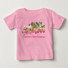 Camiseta Para Bebê Bebê Primeiro Natal Gingerpão Comboio Candy Rosa