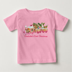 Camiseta Para Bebê Bebê Primeiro Natal Gingerpão Comboio Candy Rosa