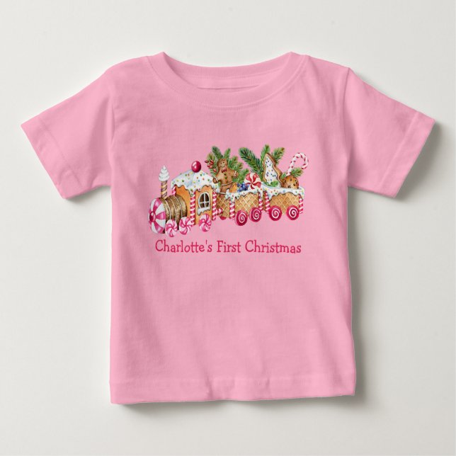 Camiseta Para Bebê Bebê Primeiro Natal Gingerpão Comboio Candy Rosa (Frente)