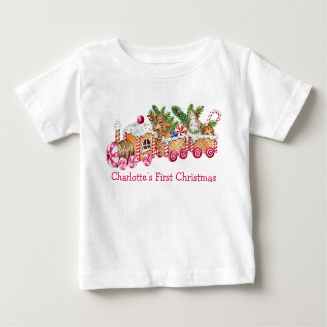 Camiseta Para Bebê Bebê Primeiro Natal Gingerpão Comboio Rosa Doces (Frente)