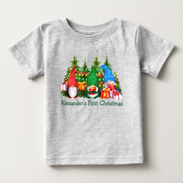 Camiseta Para Bebê Bebê Primeiro Natal Gnomos Luzes Cinzas (Frente)