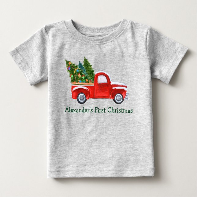 Camiseta Para Bebê Bebê Primeiro Natal Red Truck Cinza Verde (Frente)