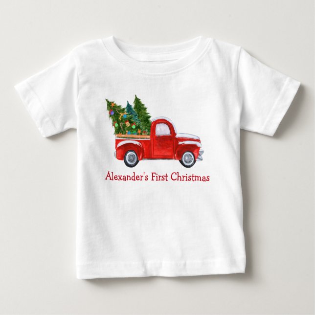 Camiseta Para Bebê Bebê Primeiro Natal Red Truck Red Name (Frente)