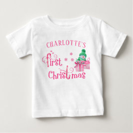 Camiseta Para Bebê Bebê Primeiro Natal Rosa Neve e Flocos de Neve