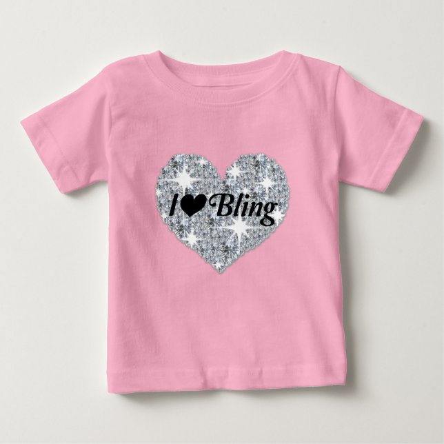 Camiseta Para Bebê Bebê rosa Faux diamond Heart 'I Love Bling' design (Frente)