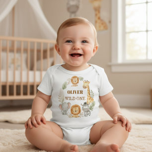 Camiseta Para Bebê Bebê Safari de 1º Aniversário Menino