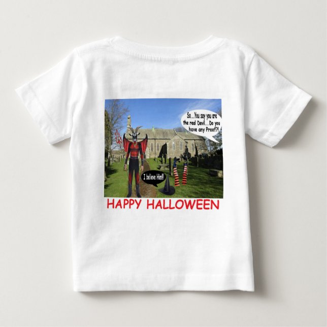 Camiseta Para Bebê bebê tee feliz cabra diabo de halloween (Verso)