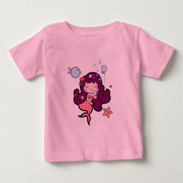 Camiseta Para Bebê Bebê tutu com bifurcação rosa com sereia kawaii (Frente)