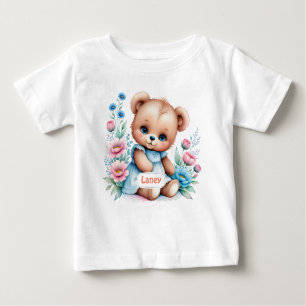 Camiseta Para Bebê Bebê Urso de pelúcia com flores de aquarela