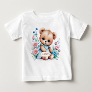 Camiseta Para Bebê Bebê Urso de pelúcia com flores de aquarela